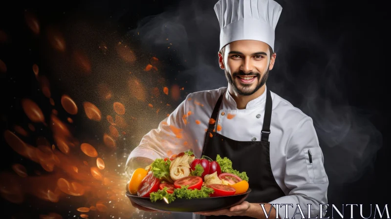 Smiling Chef with Fresh Salad on Black Plate AI Image