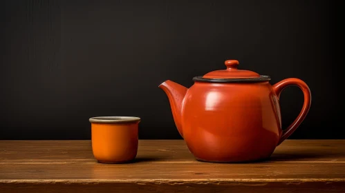Teapot and Cup on Wooden Table - Orange and Black Accents