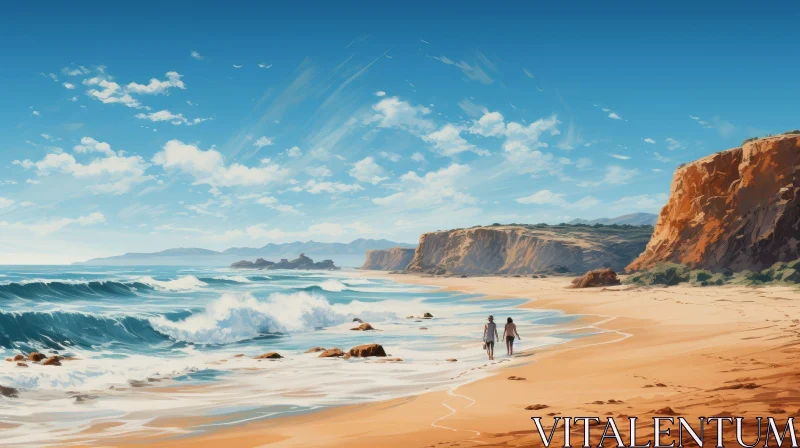 AI ART Tranquil Beach Landscape with Ocean Waves and People