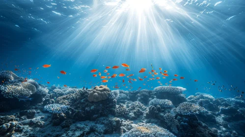Crystal Clear Underwater Scene with Orange Fish and Sunlight Rays