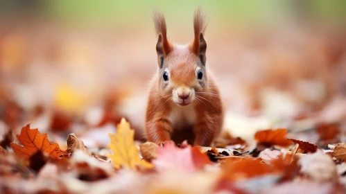 Curious Red Squirrel on Autumn Leaves