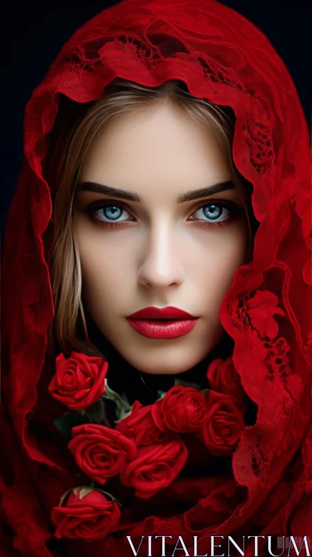 AI ART Enigmatic Beauty: Young Woman in Red Lace Headscarf