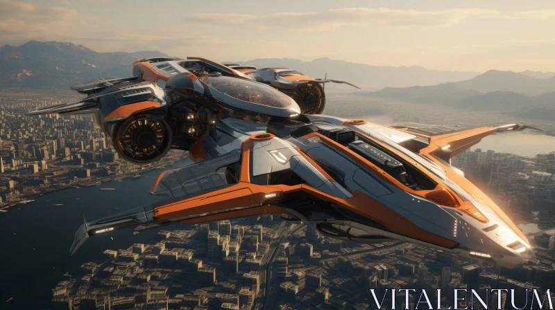 Futuristic Spaceship Flying Over City AI Image