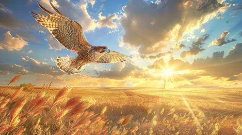 Golden Landscape with Falcon Flying Over Wheat Field at Sunset
