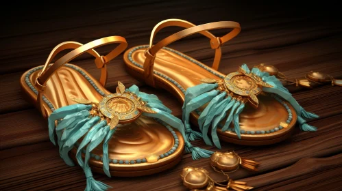 Golden Sandals with Turquoise Details - Fashion Accessory