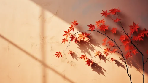 Japanese Maple Branch with Red Leaves on Beige Background