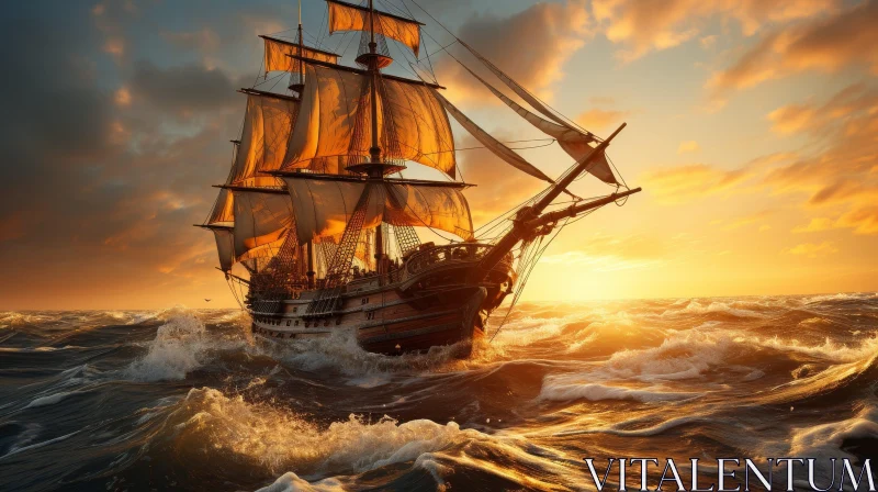 Tall Ship Sailing on Rough Sea Digital Painting AI Image