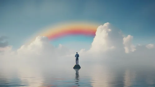 Tranquil Ocean Scene with Rainbow and Lone Figure