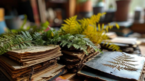Vintage Books on Wooden Table with Green Plant