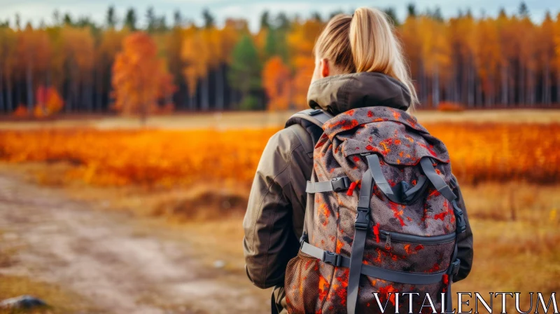 Young Woman in Green Jacket Standing in Autumn Field AI Image