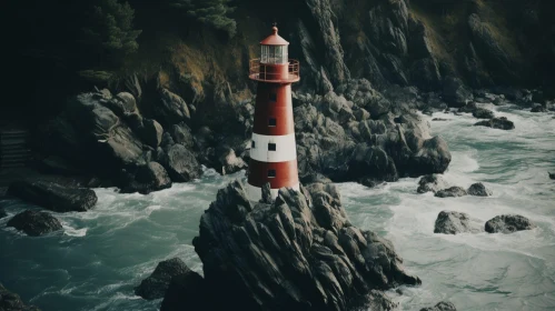 Dramatic Digital Painting of a Red and White Lighthouse on Rocky Coast