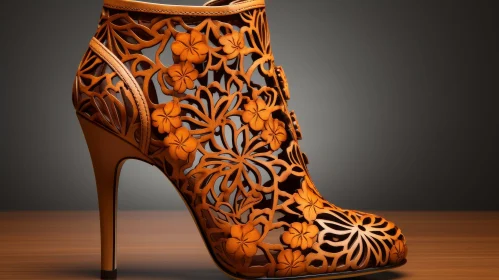Elegant Brown Leather Stiletto Heel Boot with Floral and Butterfly Designs