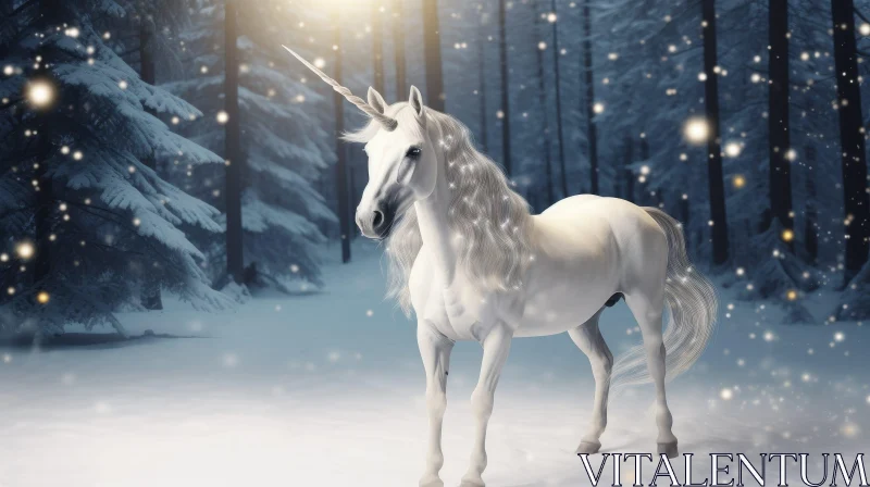 Enchanting Unicorn in Winter Forest AI Image
