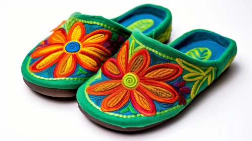 Handmade Green Suede Floral Slippers