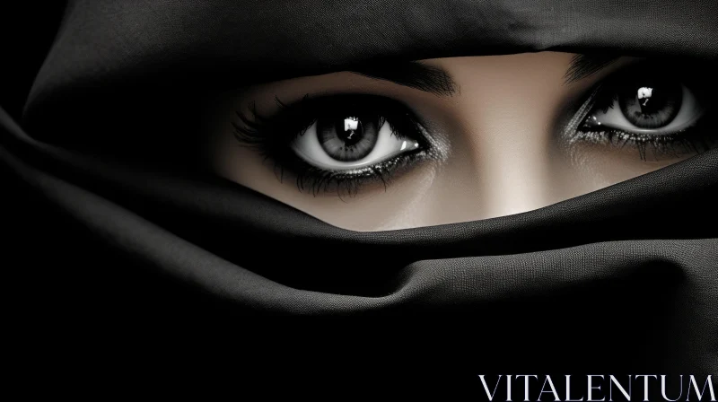 Intense Woman's Eyes in Black Hijab AI Image