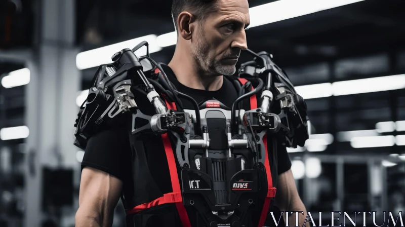Man in Black and Red Exoskeleton Suit with ICT Letters AI Image