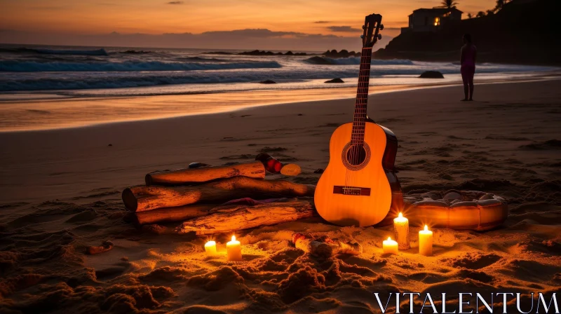 Serene Beach Sunset with Guitar and Candles AI Image