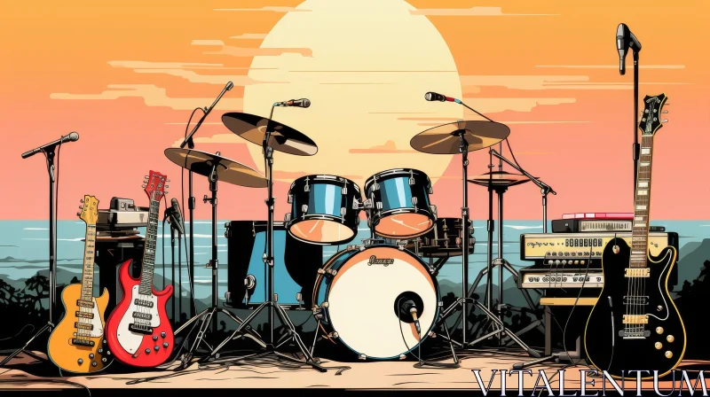 Stage Setup with Drum Set and Guitars in Cartoon Style AI Image
