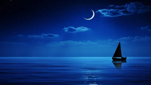 Tranquil Night Seascape with Moon and Sailboat