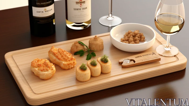 Wooden Cutting Board with Wine Glasses and Food AI Image