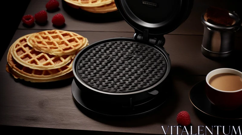 Black Waffle Maker on Wooden Table with Coffee and Raspberries AI Image