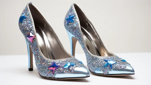 Blue Sparkly High Heels with Star-Shaped Embellishments