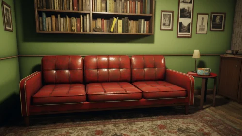 Cozy Living Room with Red Sofa and Bookshelf
