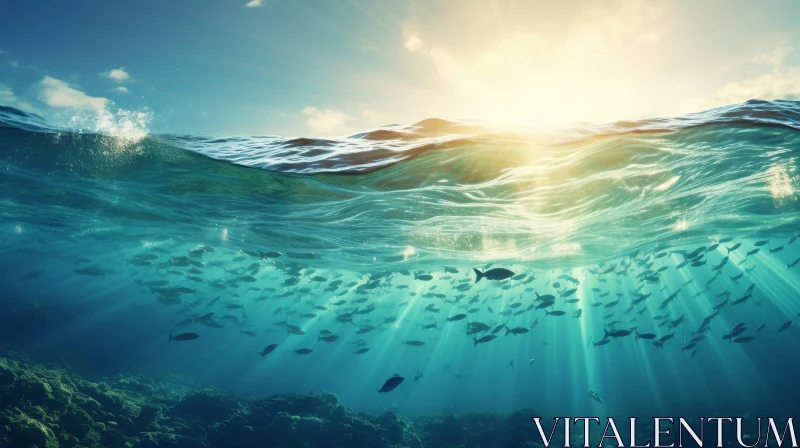 Crystal Clear Ocean View with Sunlight and Fish AI Image