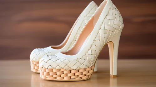 Elegant White Leather High-Heeled Shoes on Wooden Surface