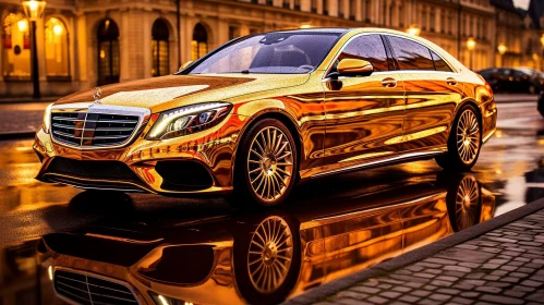 Golden Mercedes-Benz S-Class Reflecting City Lights