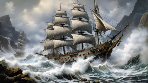 Large Sailing Ship on Rough Sea Painting