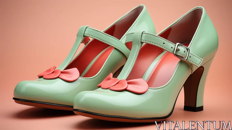 AI ART Mint Green Vintage Women's Shoes with Coral Pink Bows
