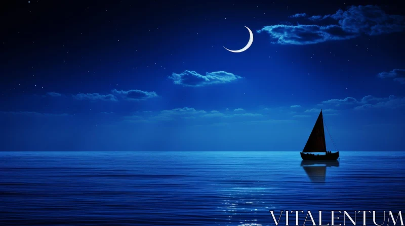 Tranquil Night Seascape with Moon and Sailboat AI Image