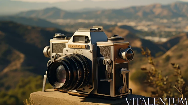 Vintage Camera on Stone Surface with Mountainous Landscape AI Image