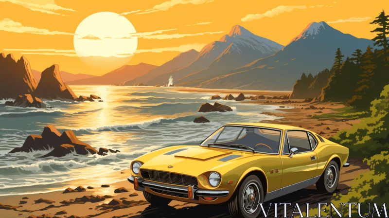 Yellow Sports Car by the Ocean: Vintage Poster Design AI Image