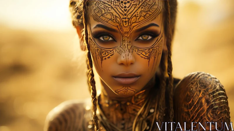 African Descent Woman with Golden Face Paint and Headdress AI Image