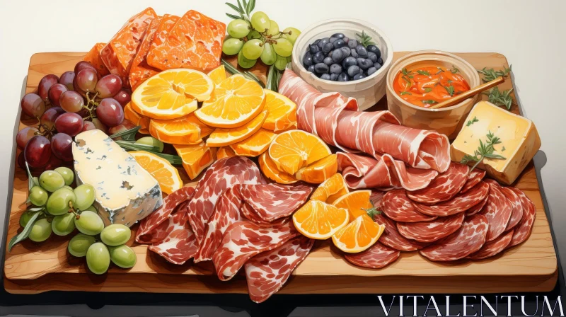 Artistic Food Still Life with Cured Meats, Cheeses, Fruits, and Vegetables AI Image