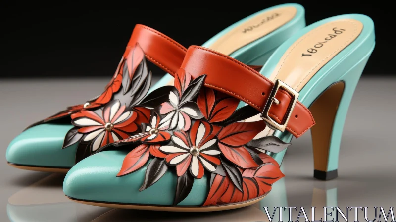 Blue High-Heeled Women's Shoes with Floral Appliques AI Image