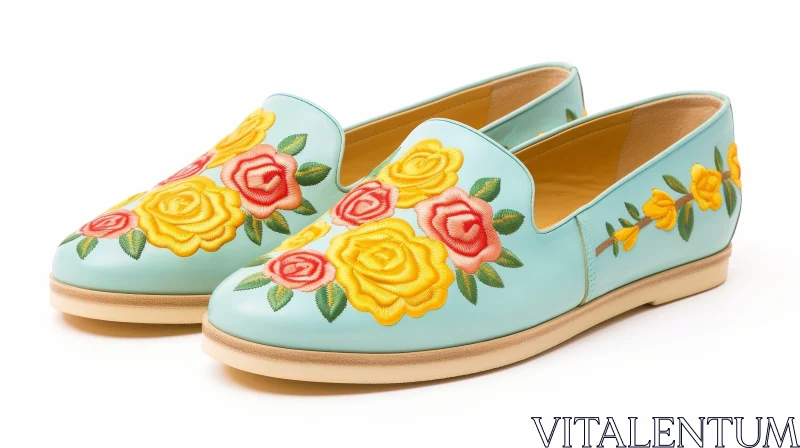 Colorful Floral Embroidered Blue Leather Shoes AI Image
