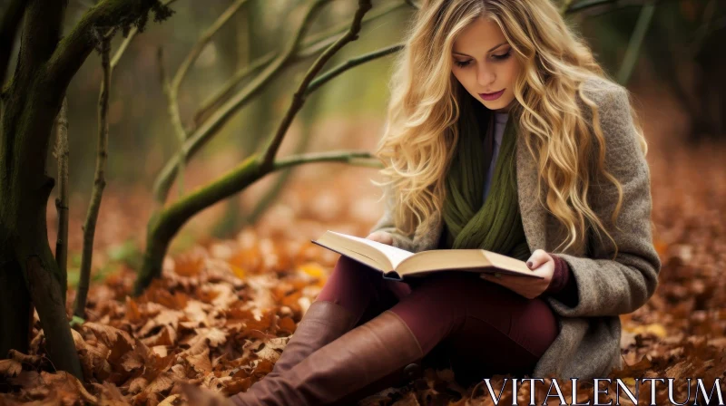 Enchanting Forest Scene with Woman Reading Book AI Image
