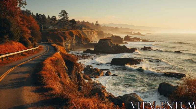 Golden Sunset Coastal Highway Landscape AI Image