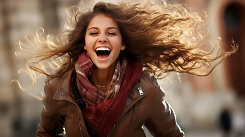 Laughing Woman in Brown Leather Jacket