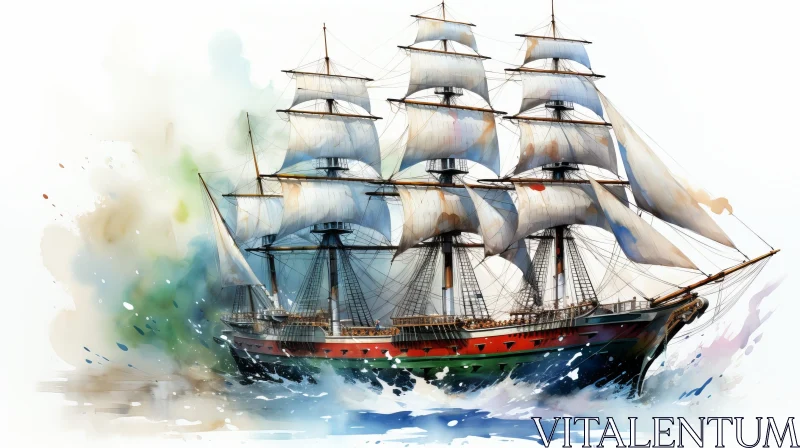 AI ART Majestic Tall Ship Watercolor Painting
