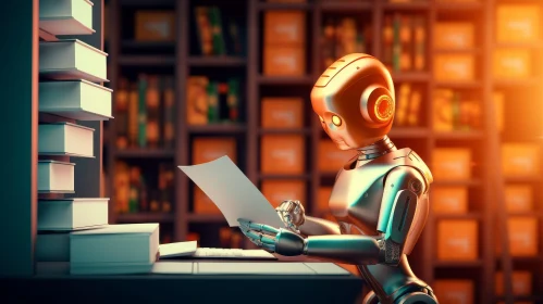 Metal Robot Reading in Library Scene