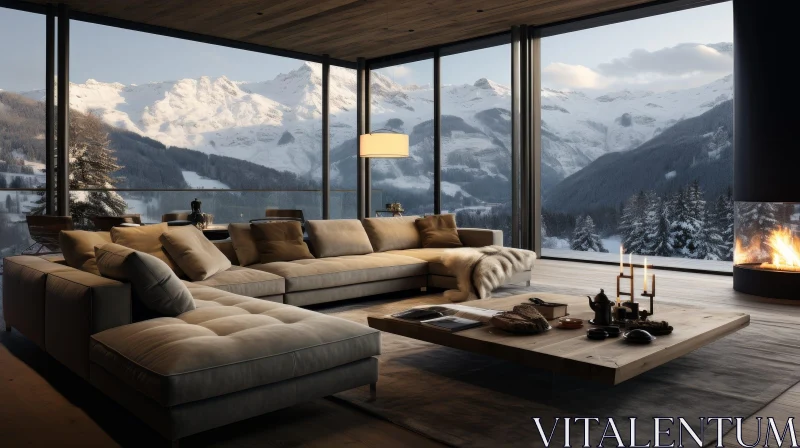 Modern Living Room with Snowy Mountain View AI Image