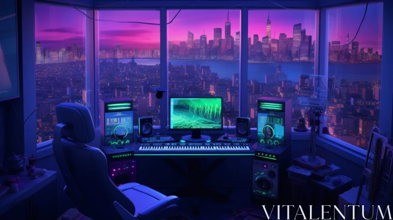 AI ART Nighttime City Skyline Digital Painting in Purple and Blue