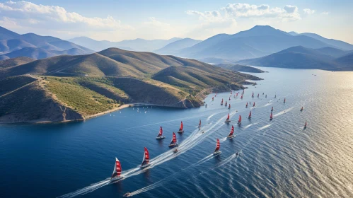 Oracle Sailboats Race in Blue Waters with Green Hills