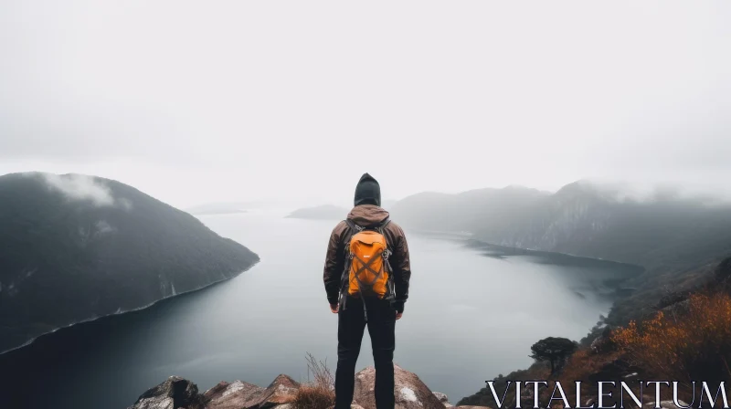 Peaceful Hiker on Cliff Overlooking Lake AI Image