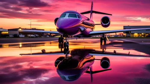 Purple Private Jet at Sunset on Runway