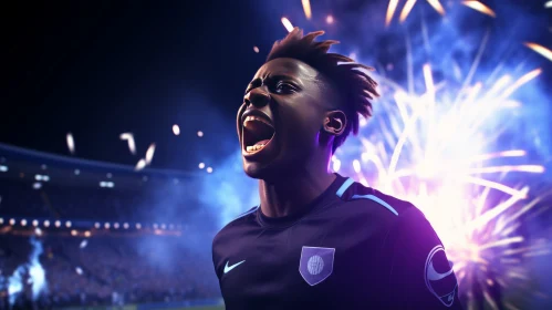 Soccer Player Celebrating Goal in Stadium with Fireworks